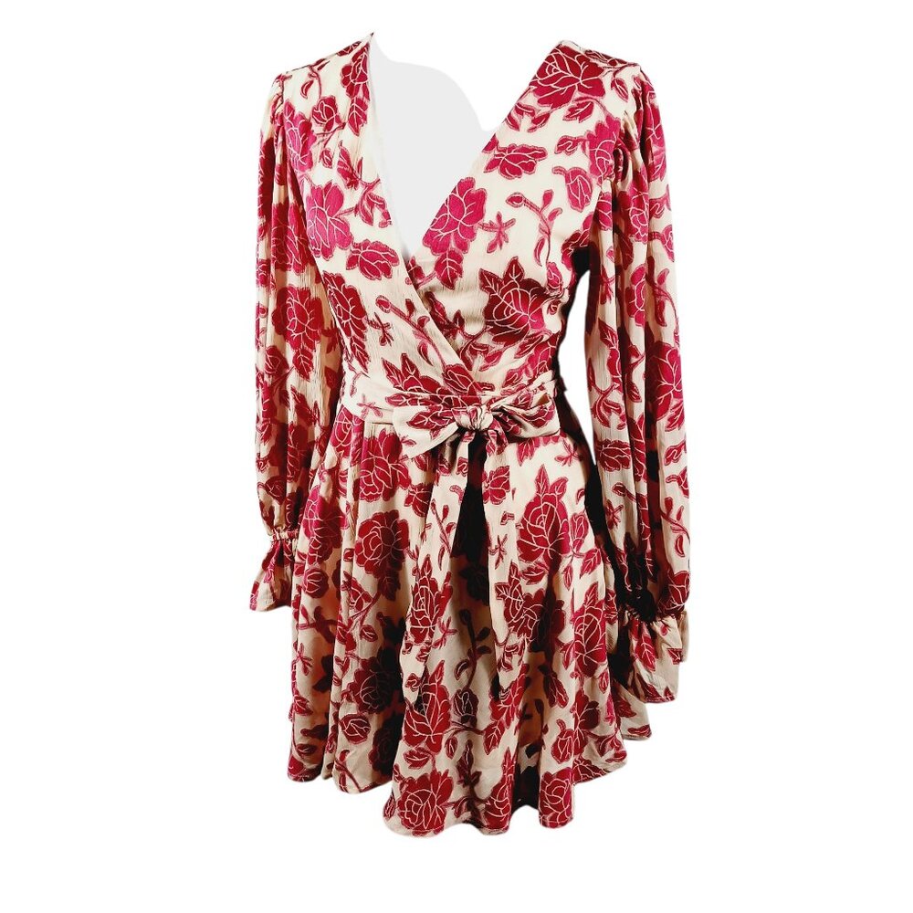 Altar'd State  Mini Dress Creamy Tan and red Floral Print, Size XS, Cottage Core